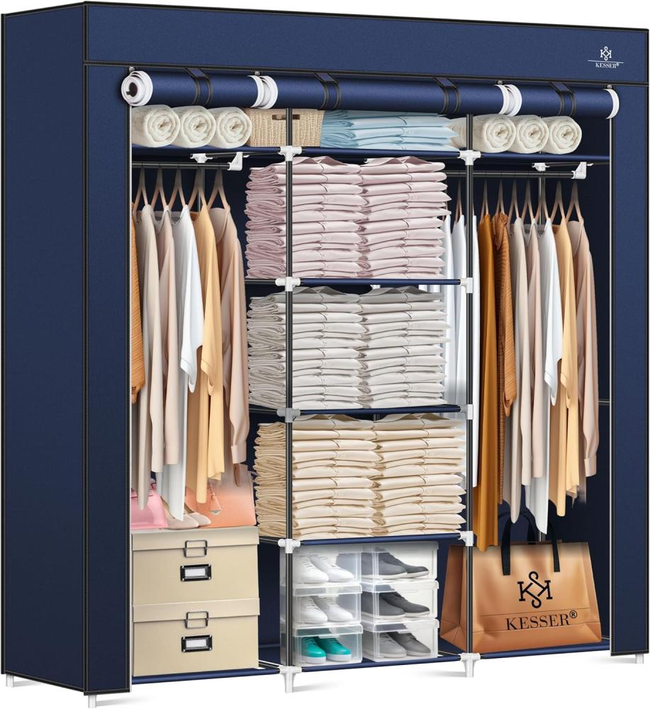 KESSER® Kleiderschrank Stoffschrank Stabil mit Kleiderstange & Ablagen, Inkl. 5X Kleiderbügel, Stoff Faltschrank für Schlafzimmer, Ankleidezimmer Garderobe mit Kleiderständer 150 x 45 x 175 cm Navyblau Bild 1