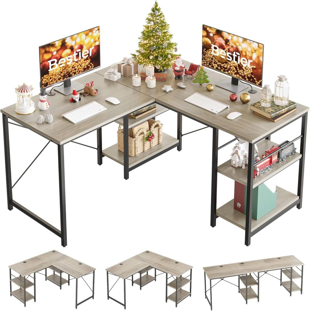 Bestier L-förmiger Schreibtisch mit Regalen Reversibel Eckschreibtisch 220CM Industrieller Langen Tisch Stabil Schreibtisch L Form Computer Workstation mit 3 Kabellöchern Bild 1