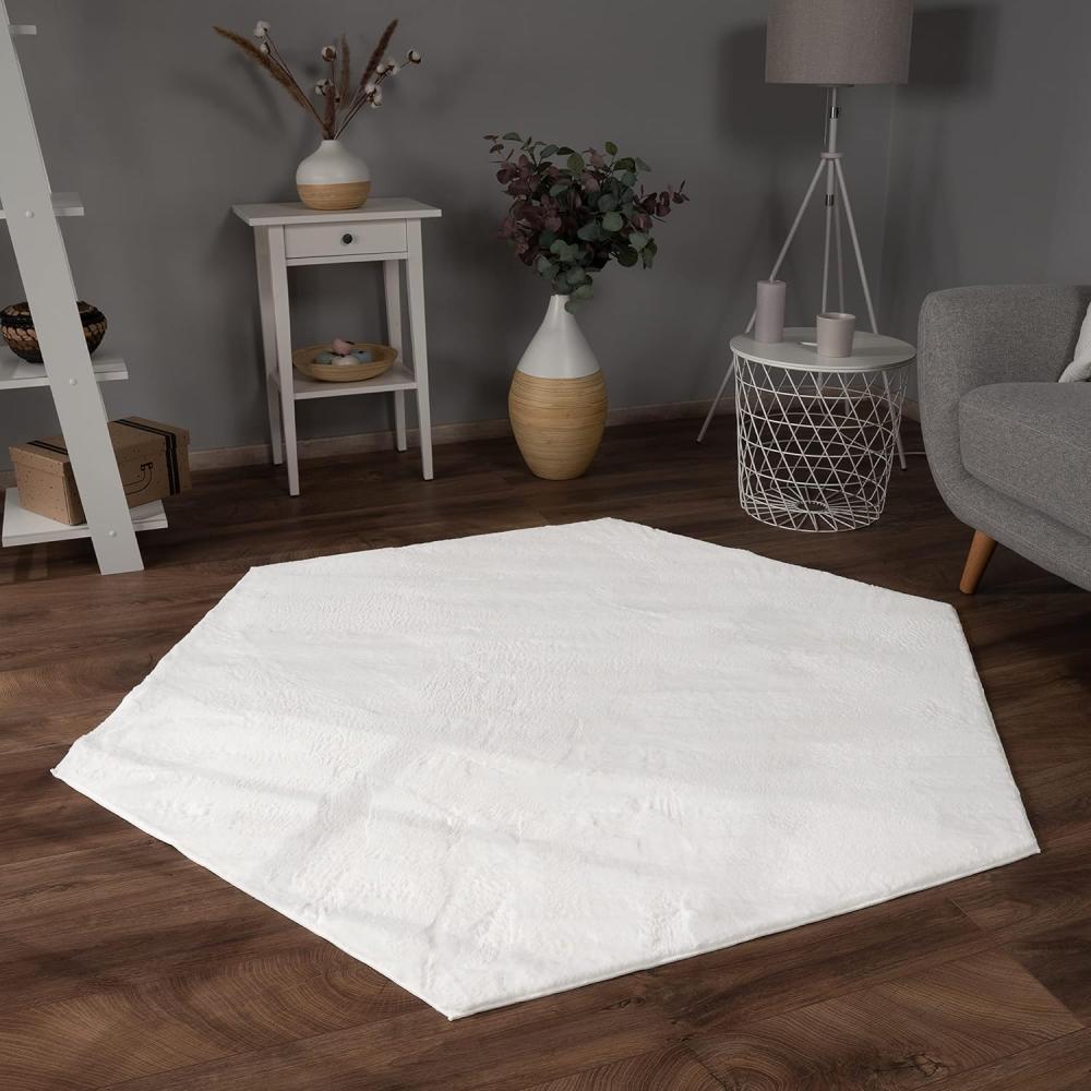 Paco Home Hochflor Teppich Wohnzimmer Flauschig Fellteppich Kunstfell Plüsch Shaggy Weich Fellimitat, Grösse:150x170 cm Sechseckig, Farbe:Weiß Bild 1