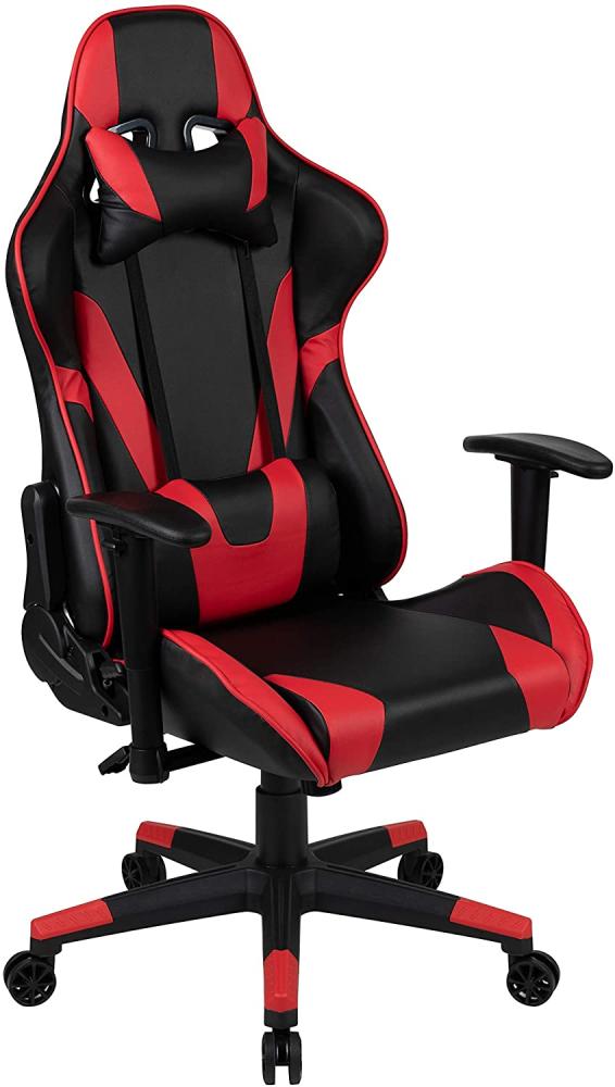 Flash Furniture Gaming Stuhl mit hoher Rückenlehne – Ergonomischer Bürosessel mit verstellbaren Armlehnen und Netzstoff – Perfekt als Zockerstuhl und fürs Home Office – Schwarz/Rot Bild 1