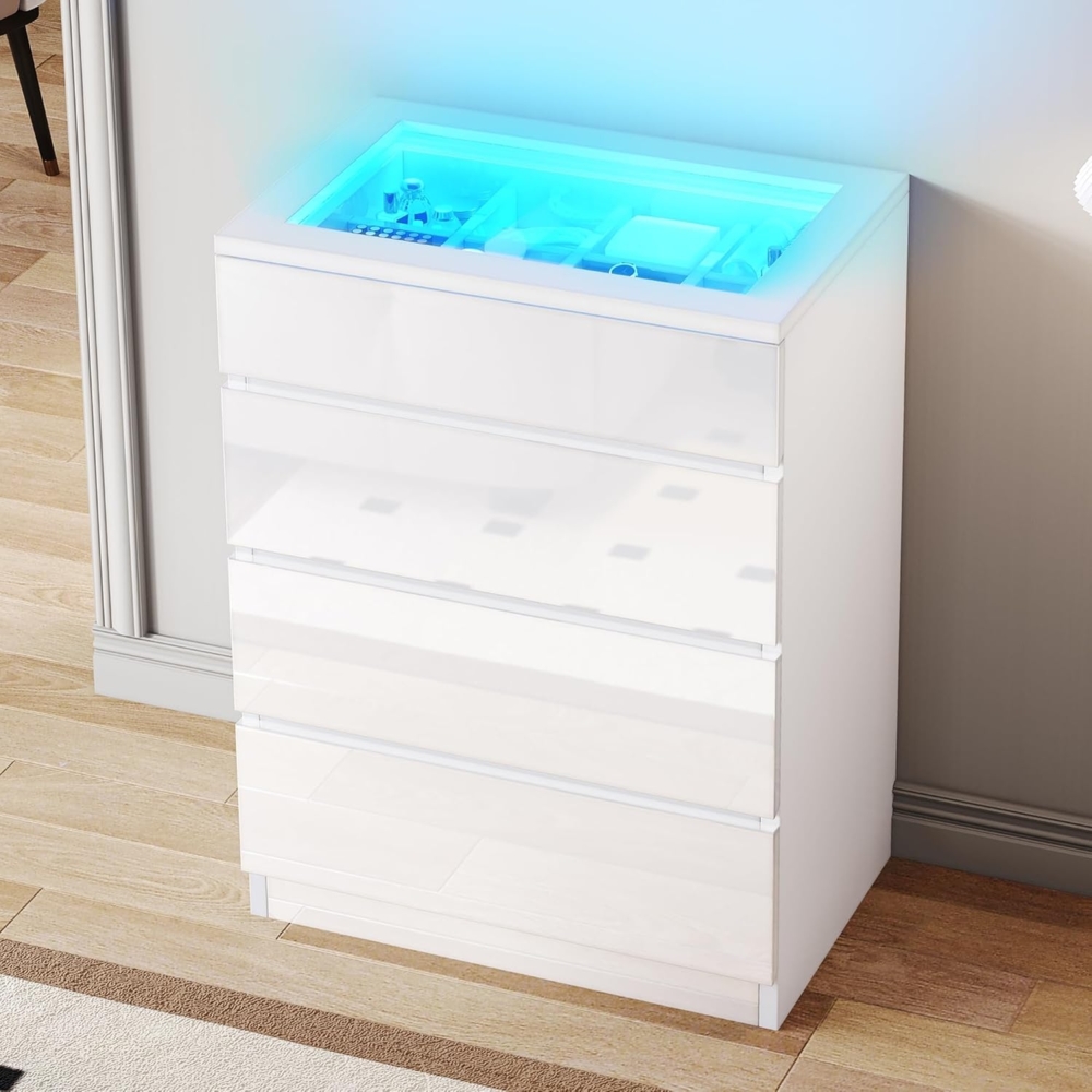 YITAHOME Kommode Weiß, Kommode Schlafzimmer Mit LED, Komode mit 4 Schubladen und Transparentes Glas Oben, Sideboard mit Hochglänzende Oberfläche und getrennte Lagerung, 40D x 60W x 90H cm Bild 1