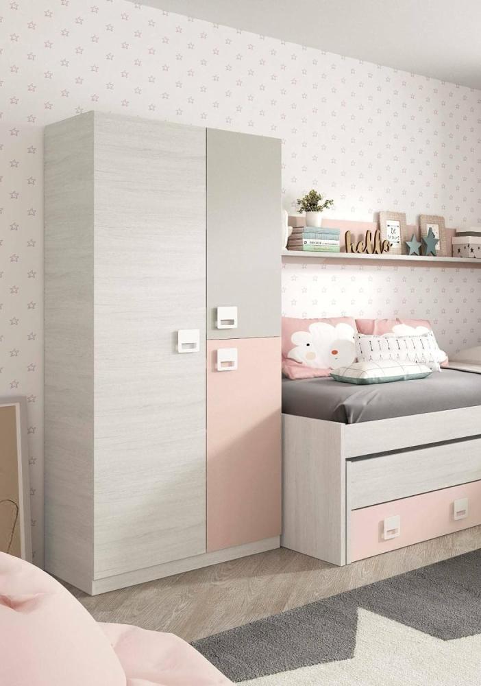 Dmora - Garderobe Manchester, Kleiderschrank im Schlafzimmer, Schrank mit 3 Türen und 3 Einlegeböden mit Kleiderstange, cm 90x52h200, Grau und Rosa Bild 1