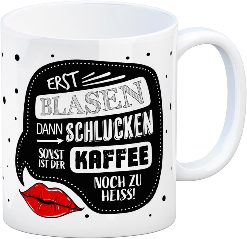 speecheese Tasse Kaffeebecher mit Kuss Motiv und Kaffee Spruch: Erst blasen dann Bild 1