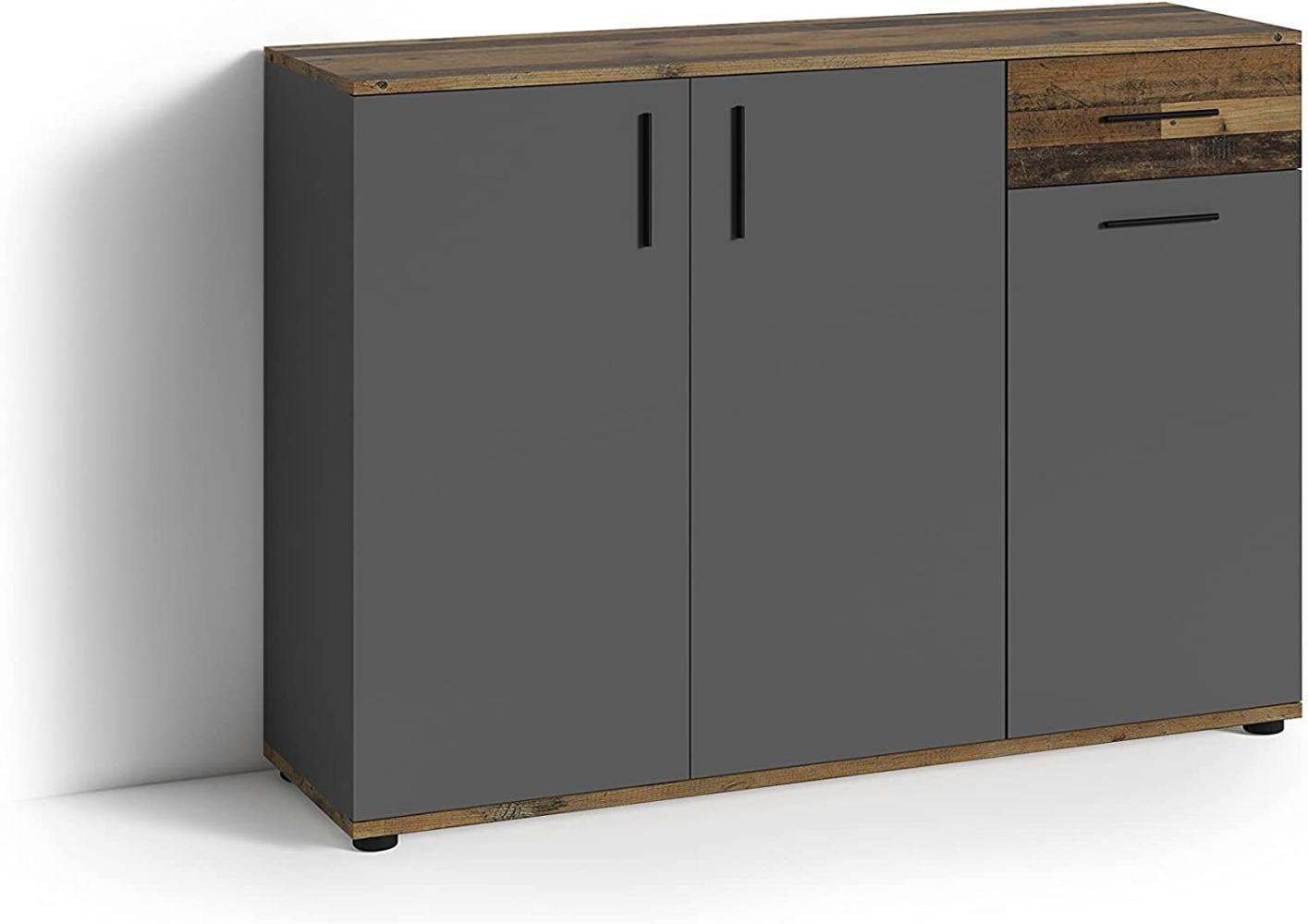 byLIVING Kommode JAKOB / 3-trg. mit 1 Schubkasten / braun in Old Wood Optik / Sideboard anthrazit / B 110, H 83,5, T35,5 cm Bild 1