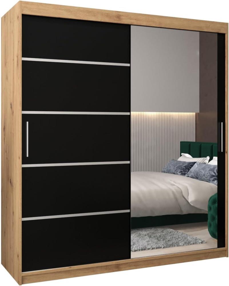 Kryspol Schwebetürenschrank Verona 2-180 cm mit Spiegel Kleiderschrank mit Kleiderstange und Einlegeboden Schlafzimmer- Wohnzimmerschrank Schiebetüren Modern Design (Artisan Eiche + Schwarz) Bild 1