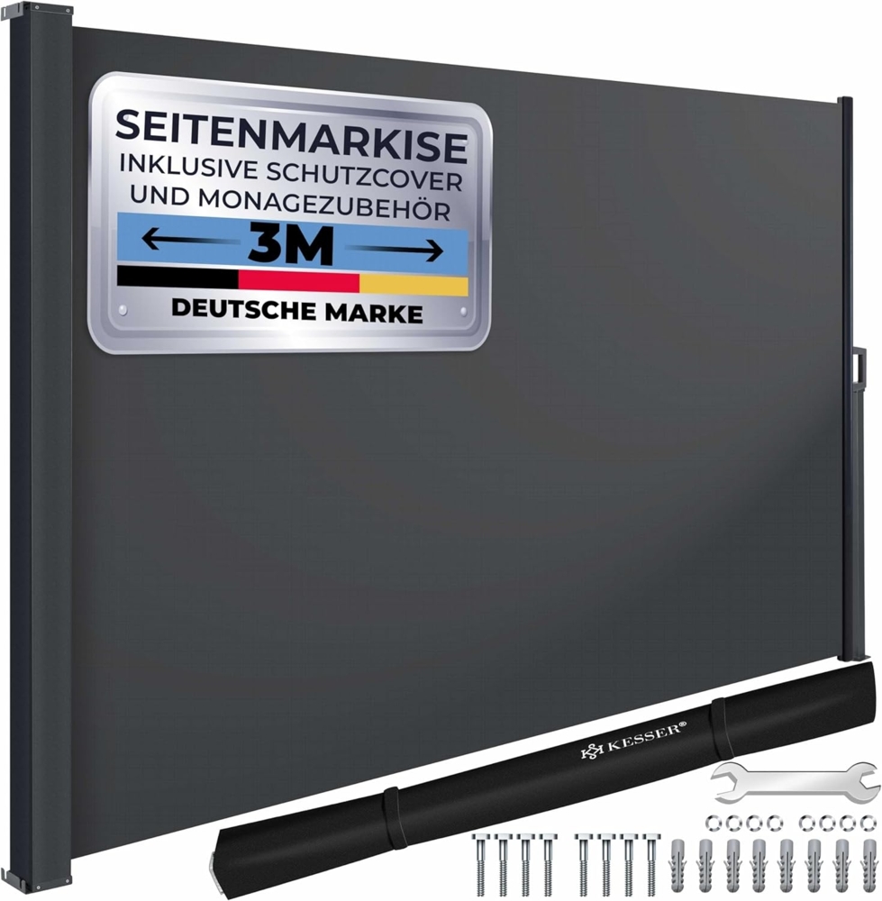 KESSER® Seitenmarkise ausziehbar Markise Blickdicht Sichtschutz & Windschutz für Garten Balkon & Terrasse, Seitenrollo mit Wandhalterung und Cover Dunkelgrau, 300 x 200 cm Bild 1