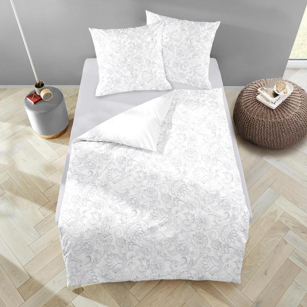 Dormisette Edel Biber Bettwäsche 135x200 Blumen Paisley Wende silber weiß 1628-91 Bild 1