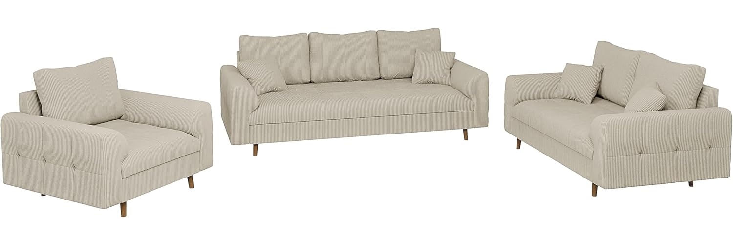 S-Style Möbel Polstergarnitur 3+2+1 Zara mit Braun Holzfüßen im skandinavischen Stil aus Cord-Stoff, (1x 3-Sitzer-Sofa, 1x 2-Sitzer-Sofa, 1x Sessel), mit Wellenfederung Bild 1