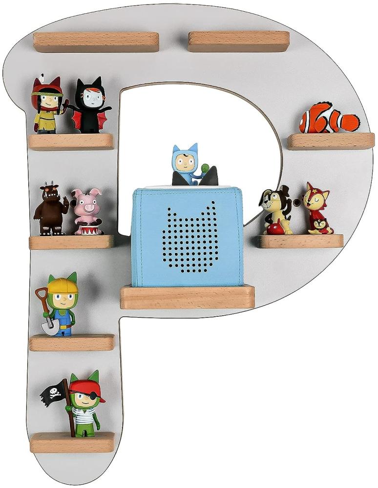 MR TEDDY BEAR Kinderregal Buchstabe P | Holzregal für Toniebox und Tonies | Tonie-Regal hergestellt in der EU | Wandregal zum Spielen und Sammeln | Für Mädchen und Jungen | im P Design in Grau Bild 1