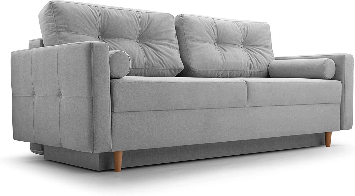 Schlafsofa Sofa Pastella Couch Ausklappbares Sofa Schlaffunktion Bettkasten - Kissen Bettzeugbehälter Hilfsautomat - Wohnzimmer, Gästezimmer Modern Design (Queens 21 Hellgrau) Bild 1