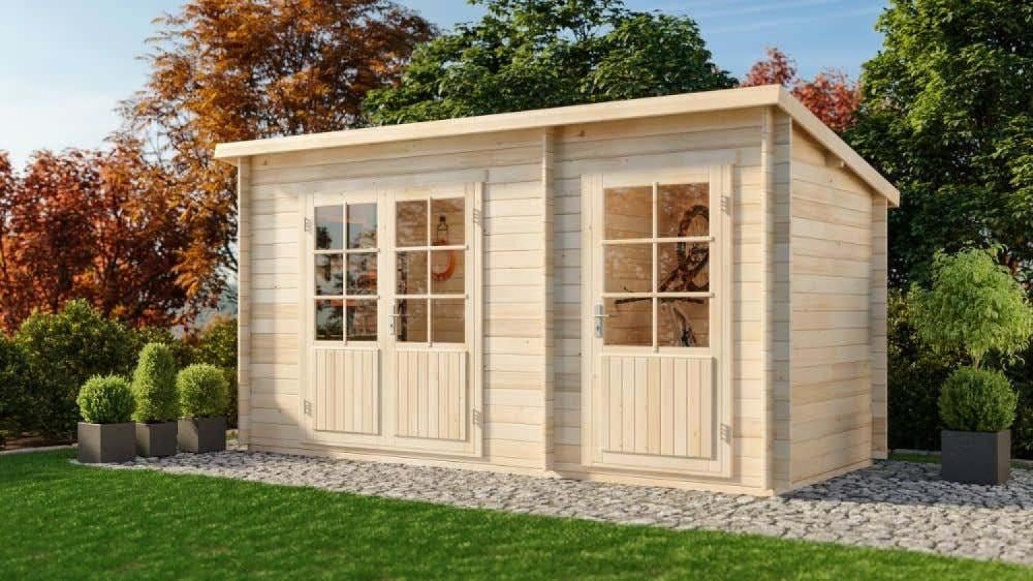 Alpholz Pultdach Gartenhaus Modell Martina-28 mit Anbau Gartenhaus aus Holz Holzhaus mit 28 mm Wandstärke Blockbohlenhaus mit Montagematerial, 195 x 200 x 450 cm Bild 1