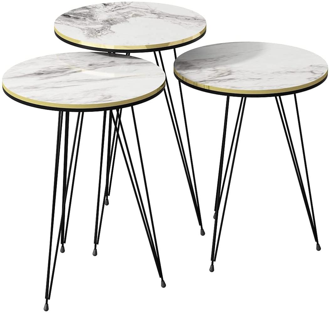 moebel17 6207 Beistelltisch 3er Set rund – Kaffee Kaffeetisch Satztisch Metallgestell, Wohnzimmertisch Tisch, Weiß, Marmoroptik, Holz, Schwarze Füße, 38 cm Durchmesser, Höhe 46, 49, 52 cm 21236207 Bild 1