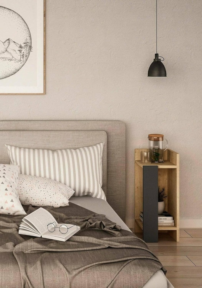 Dmora - Nachttisch Libra, Niedrige Kommode, Tisch, Multifunktionaler Nachttisch, 25x27h60 cm, Eiche und Anthrazit Bild 1