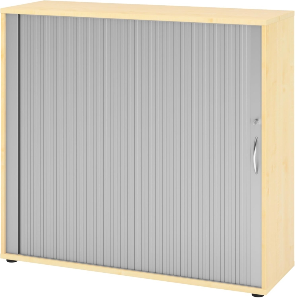 bümö Aktenschrank abschließbar mit Rollladen, Rollladenschrank für Ordner & Co. - Büroschrank mit Rollo, abschließbarer Ordnerschrank aus Holz in Ahorn/Silber mit Bogengriff, 1733S-3-S-BM Bild 1