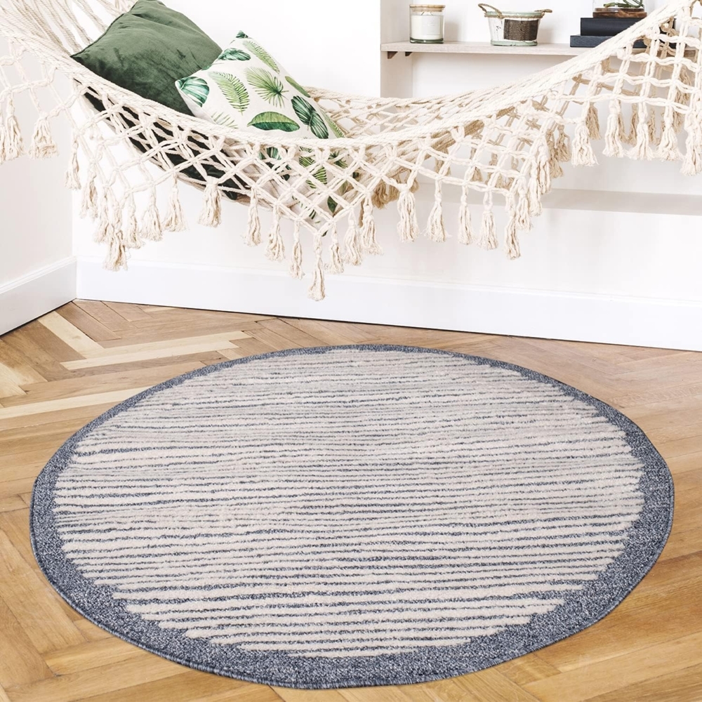 Teppich Rund - Blau Cream-Streifen – 200x200cm Kurzflor Modern Dekoration fürs Wohnzimmer Schlafzimmer Skandinavische Teppiche Bild 1