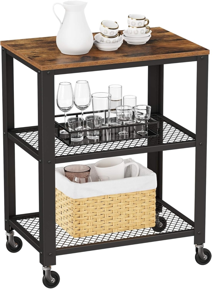 Songmics 'Vasagle' Servierwagen aus Holz und Metall, auf 4 Rollen, 3 Ebenen, Vintage schwarz, 60 x 76,5 x 40 cm Bild 1