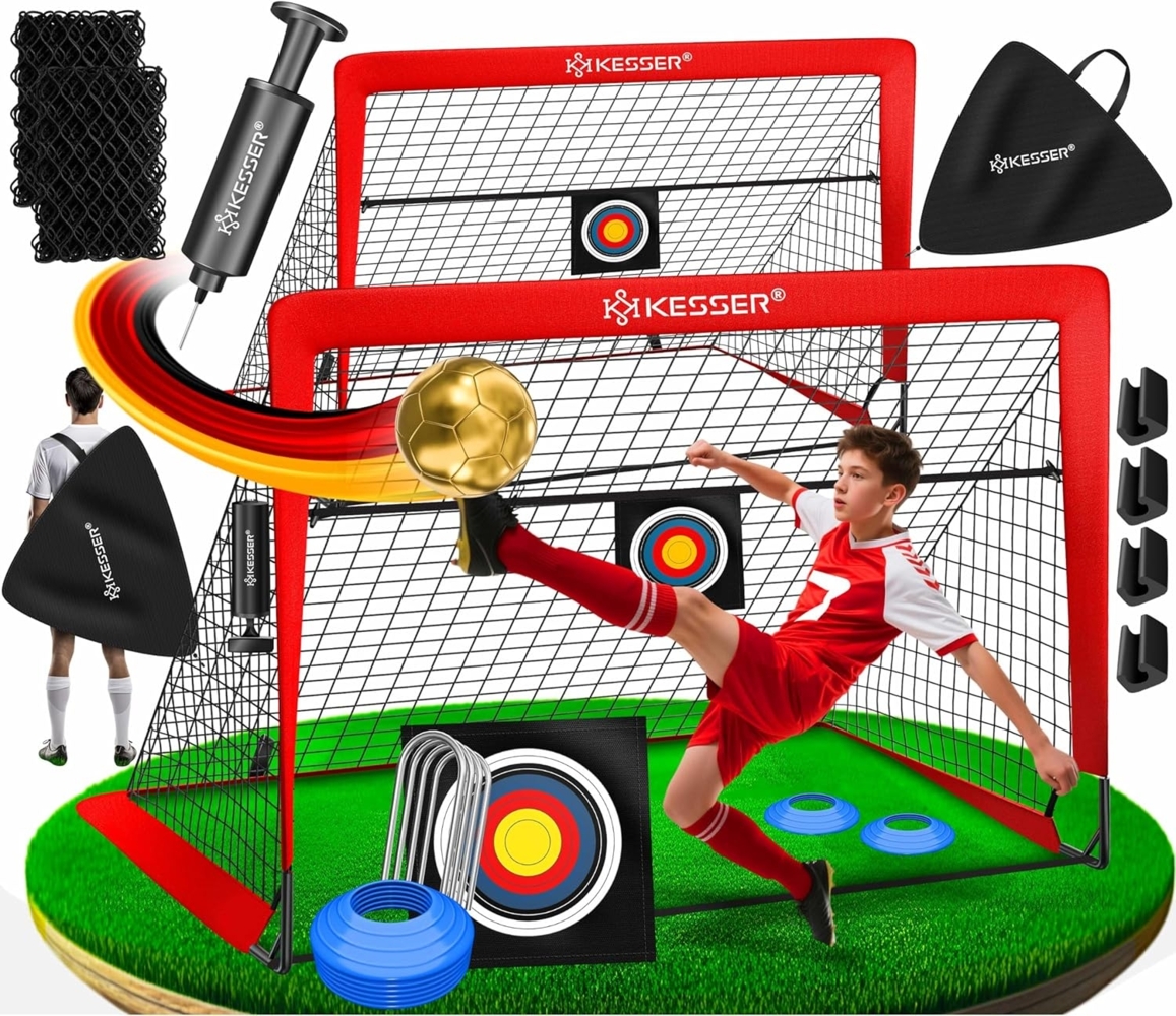 KESSER Pop-Up Fußballtor, 2er Set, mit Transporttasche, 6x Hütchen, Ballpumpe & Zielscheibe, Glasfaserstangen, 120x90 cm, Rot Bild 1