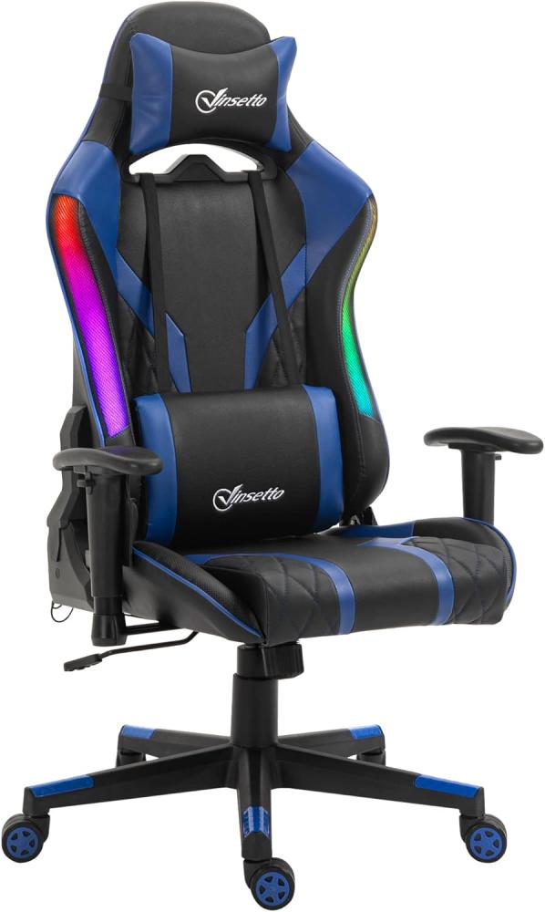 Vinsetto Bürostuhl LED Gaming Stuhl mit Armlehne, hoher Rückenlehne und Kissen ergonomischer Drehstuhl mit Liegefunktion Handlauf anhebbar Kunstleder Nylon Schwarz+Blau 70 x 57,5 x 126-136 cm Bild 1