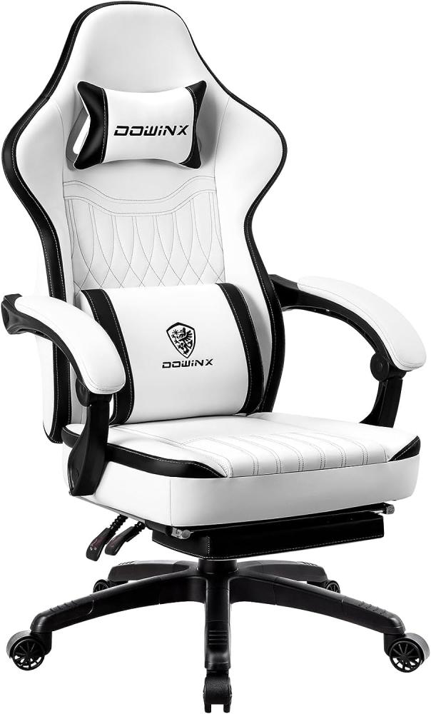 Dowinx Gaming Stuhl mit Frühling Kissen,Racing Gamer Stuhl mit Massage Lendenwirbelstütze, Ergonomischer Gaming Sessel mit Fußstütze Bürostuhl PU Leder Schwarz Weiß Bild 1