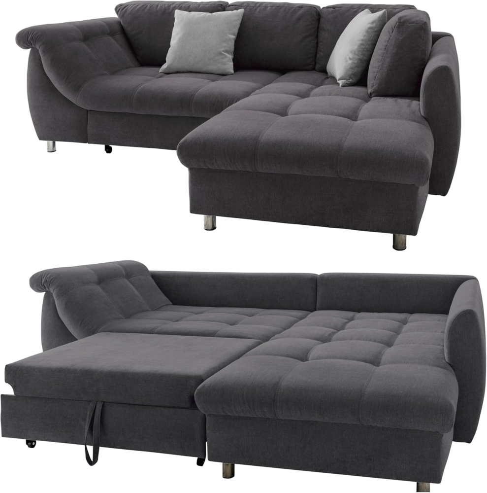 luma-home Ecksofa 17007, Ottomane rechts, Bettfunktion, Wellenunterfederung, Mikrofaser Anthrazit Bild 1