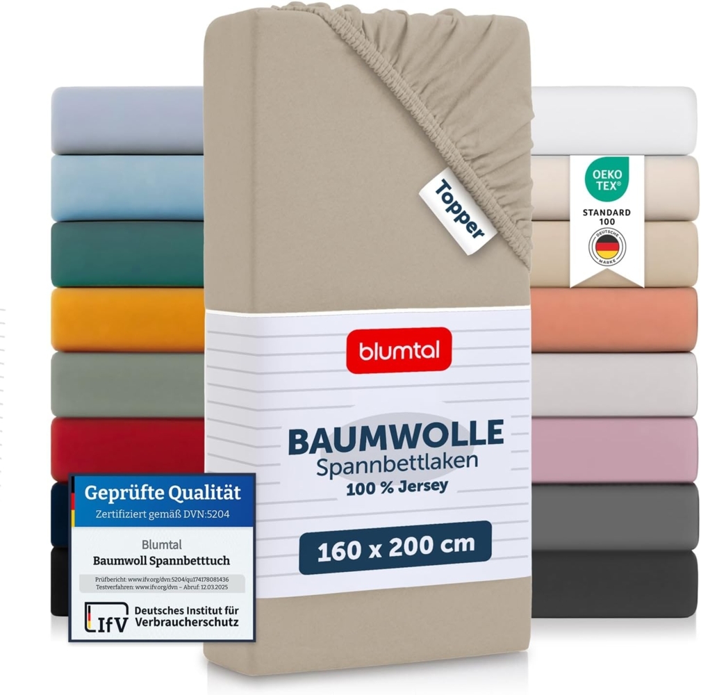 Blumtal® Baumwolle Spannbettlaken für Topper 160x200 cm Basics Jersey - Bettlaken 160x200 cm - Oeko-TEX zertifiziertes Spannbetttuch 160x200 - Topper Spannleintuch 160x200 - Betttuch - Taupe Bild 1