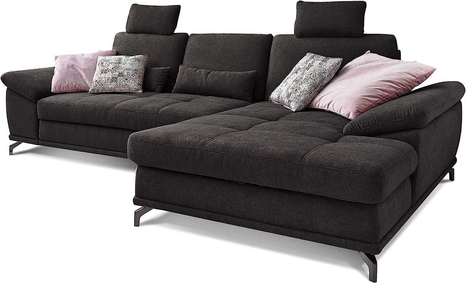 Cavadore Ecksofa Castiel mit Federkern / Großes Sofa in L-Form mit Sitztiefenverstellung, Kopfstützen und XL-Longchair / 312 x 114 x 173 / Webstoff, Schwarz Bild 1