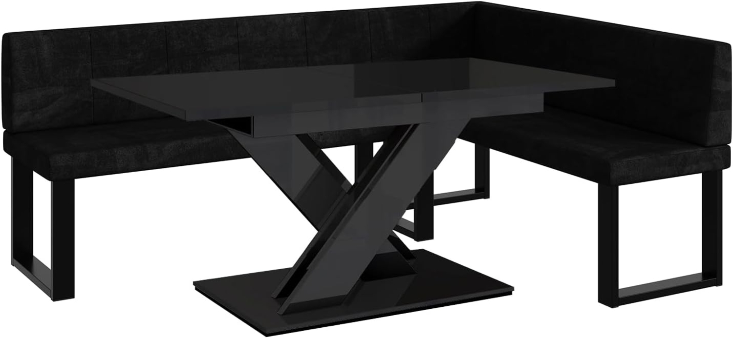 MEBLINI Eckbank für Esszimmer mit ausziehbarem Tisch - Küchenbank - Essecke - Sitzecke Küche - PETER - U-Beine 142x196x87cm Rechts - Schwarz Samt/B Schwarz Hochgl. Bild 1