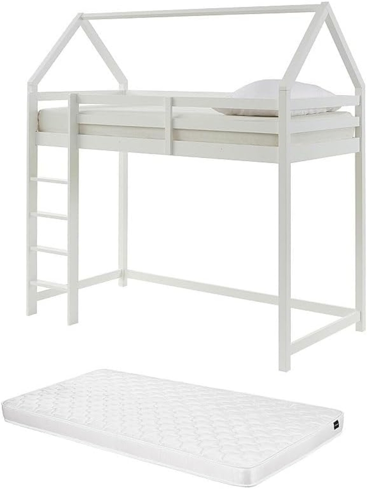 Vente-unique - Hochbett Hausbett mit Matratze - Kiefernholz - 90 x 190 cm - Weiß - TARZIA Bild 1