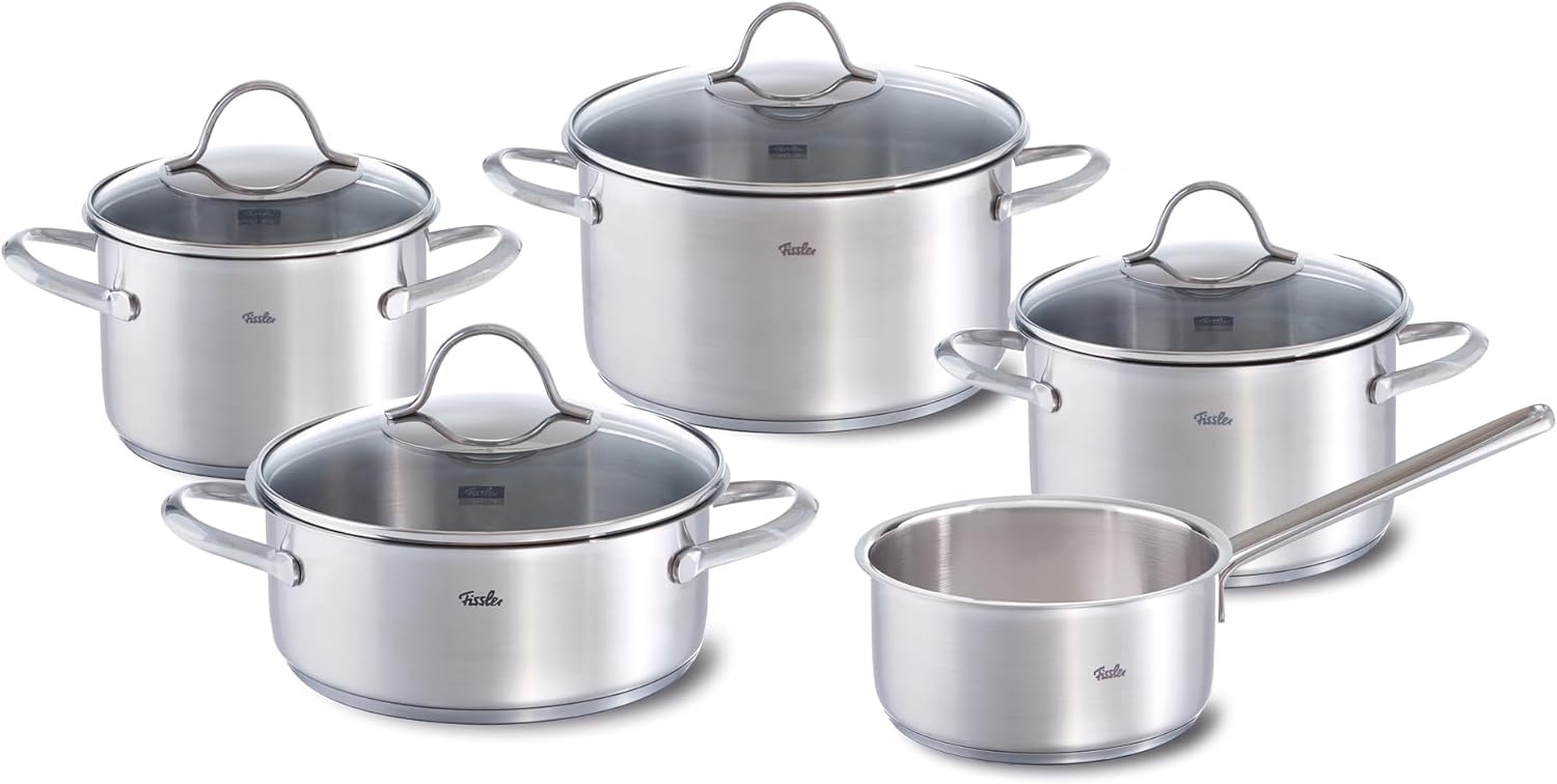 Fissler Topf-Set Palermo, Edelstahl 18/10 (Set, 9-tlg, Kochtopf 16/20/24cm, Bratentopf 20cm,Stielkasserolle ohne Deckel), geeignet für Induktion, breiter Schüttrand Bild 1