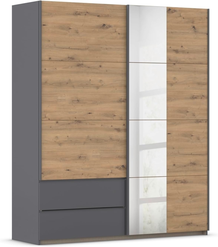 Rauch Möbel Stoke, Schwebetürenschrank, Kleiderschrank, Schrank, Garderobe, 2-türig, 1 Spiegel, 2 Schubladen, Farbe Eiche Artisan/Grau metallic, Holz, Schwarz, Griffleisten Grau metallic, 175 x 210 x 59 cm Bild 1