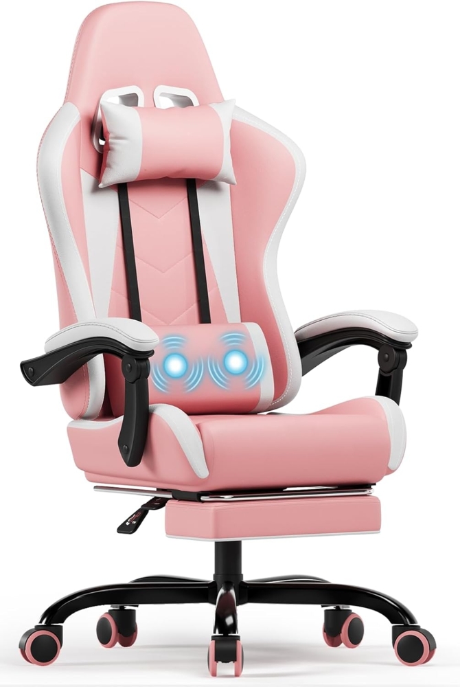 Devoko Massage Gaming Stuhl, Computer Bürostuhl mit Fußstütze, Racing Gamer Stuhl 150kg Belastbarkeit, 90-135° Rückenlehne einstellbar Ergonomischer PC Stuhl, 360° drehbar, Rosa Bild 1
