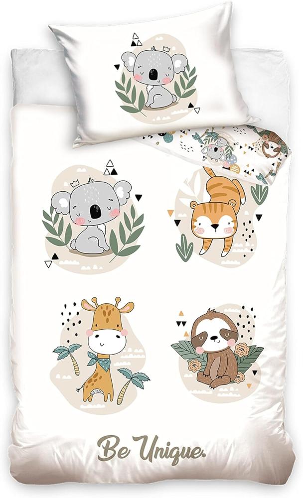 MTOnlinehandel Babybettwäsche Tiere Koala Tiger Giraffe Faultier 100x135 + 40x60 cm, 100 % Baumwolle, Renforcé, 2 teilig, süße Kleinkinderbettwäsche mit Reißverschluss Bild 1