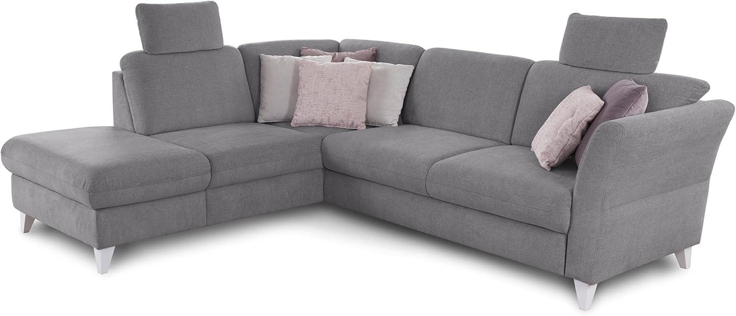 CAVADORE Eckcouch Trend / Skandinavisches Ecksofa mit Federkern, Ottomane und 2 Kopfstützen / 252 x 86 x 213 / Chenille, Grau Bild 1