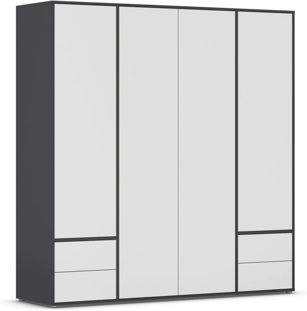 Rauch Möbel Nabila Kleiderschrank für Schlafzimmer, Kinderzimmer, Jugendzimmer, Flur, 4-türig, 4 Schubladen, Push-to-Open mit Zubehör Premium, Farbe Weiß/Grau metallic, Schwarz, Breite 187cm Bild 1