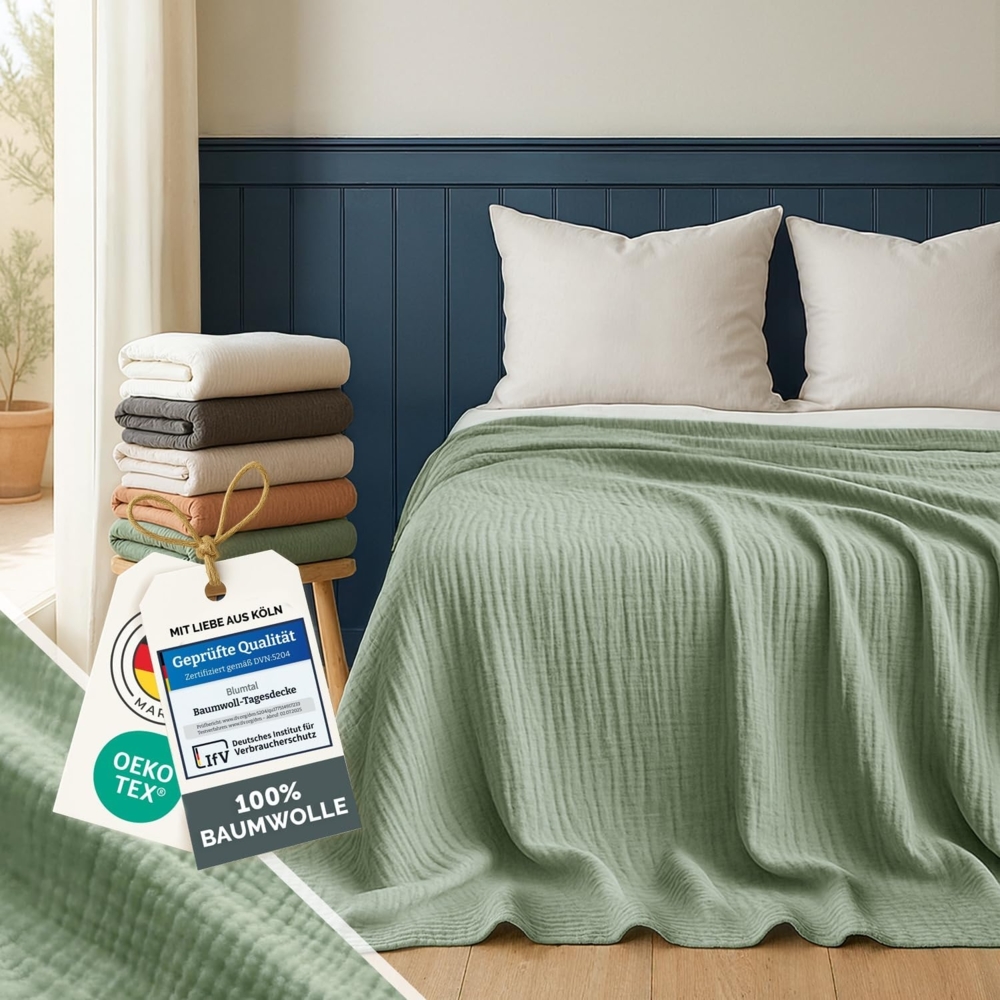 Blumtal Tagesdecke Tagesdecke Baumwolle - Musselin Decke Oeko-TEX zert. - Bettüberwurf, Couch Überwurf - leichte Kuscheldecke Baumwolle 100% Bild 1