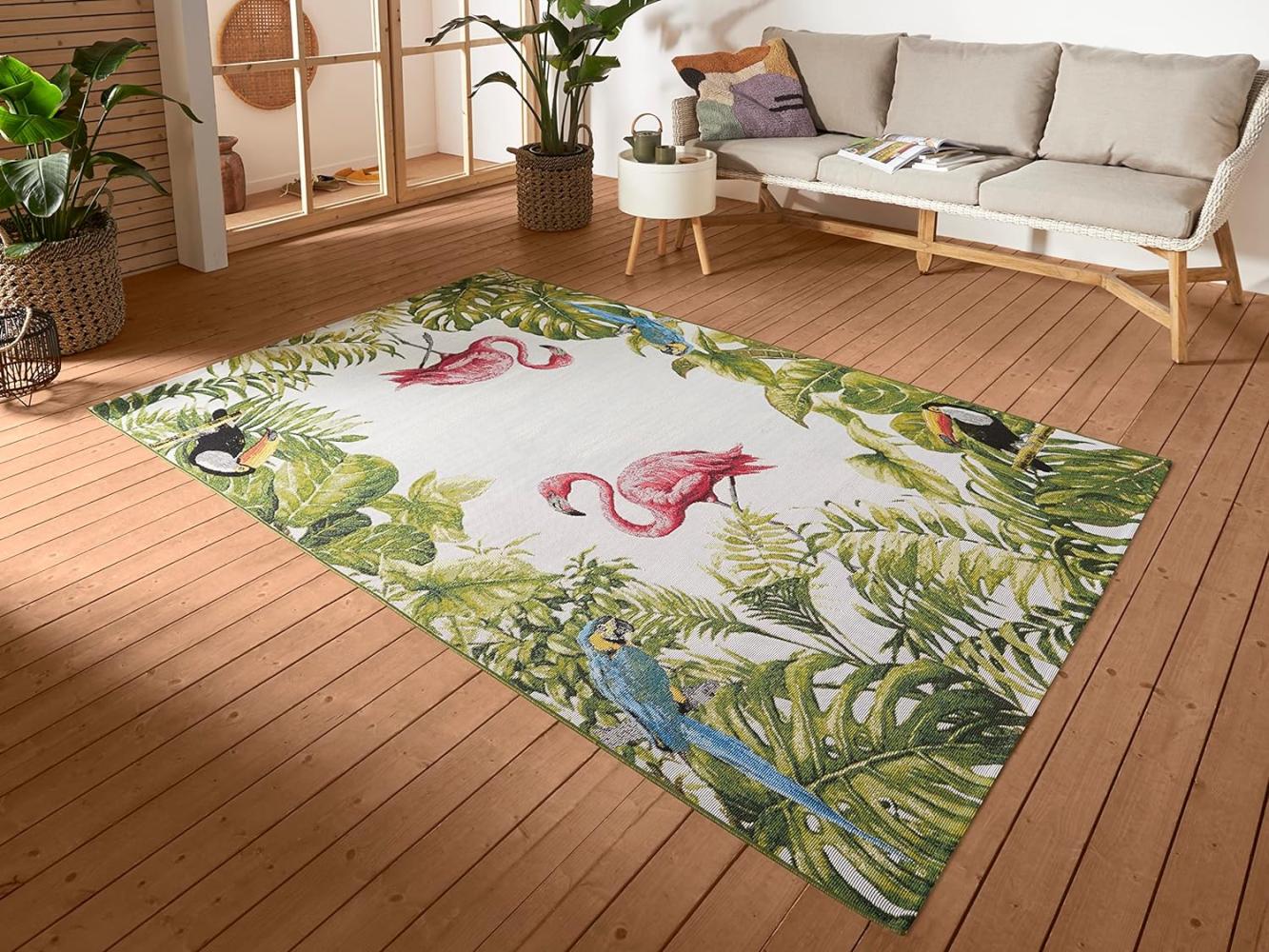 Hanse Home Tropical Birds In- & Outdoor Teppich – Flachgewebe Aussenteppich, Flamingo Jungel Palmen Design, ÖKO-TEX Wetterfest & UV-beständig für Balkon, Terrasse, Garten, Wohnzimmer - Bunt, 120x180cm Bild 1