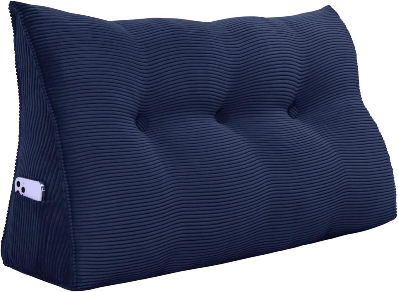 VERCART Großes Keilkissen, Langes Lesekissen, Bettruhe Rückenkissen, Dreieckiges Liegekissen, Dekoratives Kopfteilkissen für Tagesbett oder Tiefes Sofa, Cord Marineblau, 100cm Bild 1