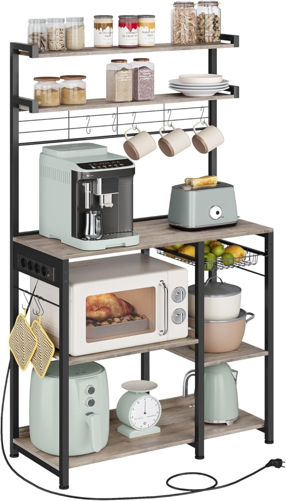 Vasagle Küchenregal, Standregal mit Steckdosen, Mikrowellen-Regal, kaffeebar, Bäckerregal, 8 S-Haken, mit Korb, Gewürzregal, greige meliert-tintenschwarz KKS031K12 Bild 1