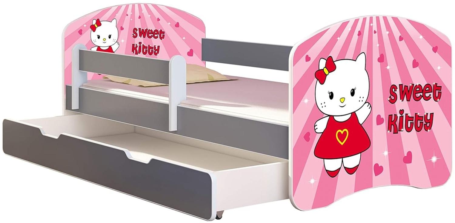 ACMA Kinderbett Jugendbett mit Einer Schublade und Matratze Grau mit Rausfallschutz Lattenrost II (15 Sweet Kitty, 140x70 + Bettkasten) Bild 1