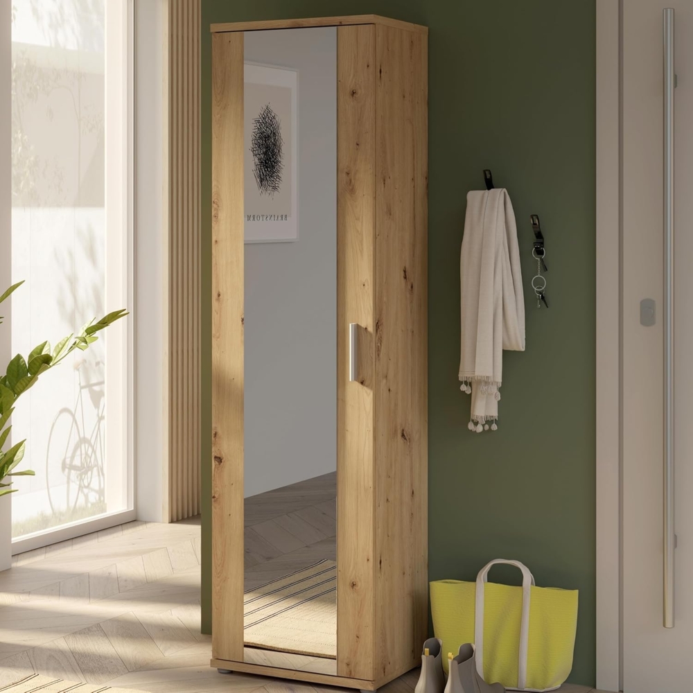 Forte NET106 Schuhschrank 50, schmaler Flurschrank mit 6 Einlegeböden und Spiegelfront, Flur, Diele, Holzwerkstoff, Artisan Eiche Holzdekor, 50,2 cm breit x 179,1 cm hoch x 34,8 cm tief Bild 1