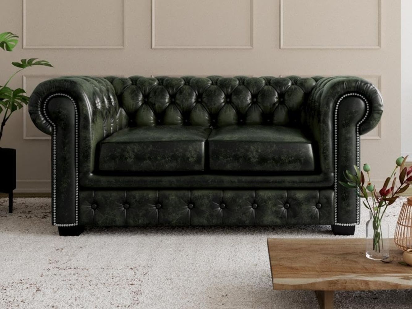 Vente-unique - Chesterfield Ledersofa 2-Sitzer - Büffelleder - Schwarzgrün - BRENTON Bild 1