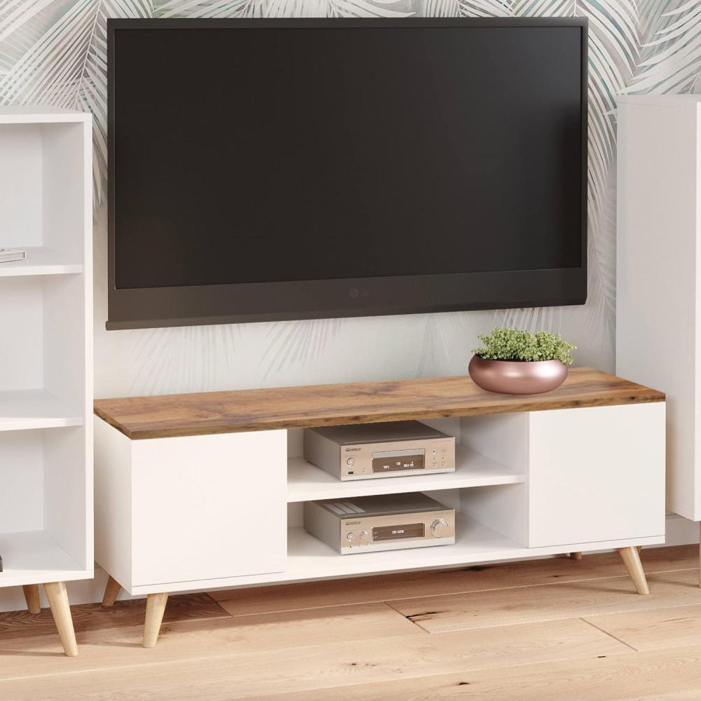 Dmora TV-Schrank mit 2 Türen und 1 Mittelregal, Sideboard mit Füßen, Wohnzimmerbuffet im skandinavischen Stil, cm 155x40h49, Farbe Weiß und Platte in Ahornfarbe Bild 1