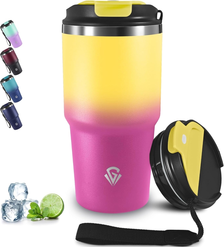 Grsta 20oz Thermobecher Kafferbecher to Go, Isolierbecher Vakuumisoliert, Thermobecher mit Trageriemen, 8h Heiß und 6h Kalt, Auslaufsichere Trinkbecher Isoliert für Heiß Kaltgetränke Bild 1