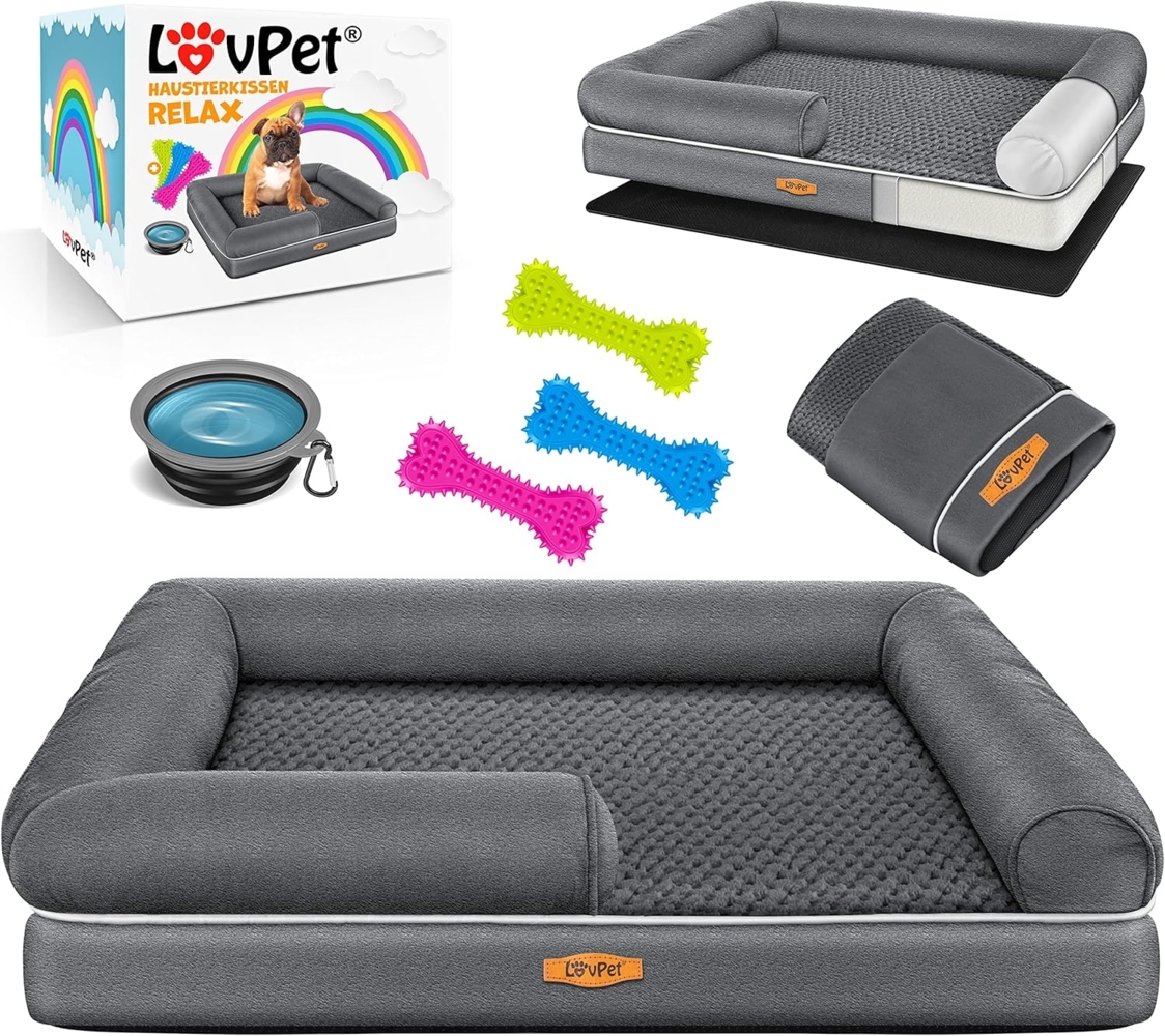 LovPet® Orthopädisches Hundebett Hundekissen Hundekorb Relax, Inkl. Napf + 3X Kauknochen, Hundesofa für Kleine, Mittelgroße & Große Hunde, Bezug abnehmbar und waschbar Anthrazit, M (91 x 71 x 25 cm) Bild 1