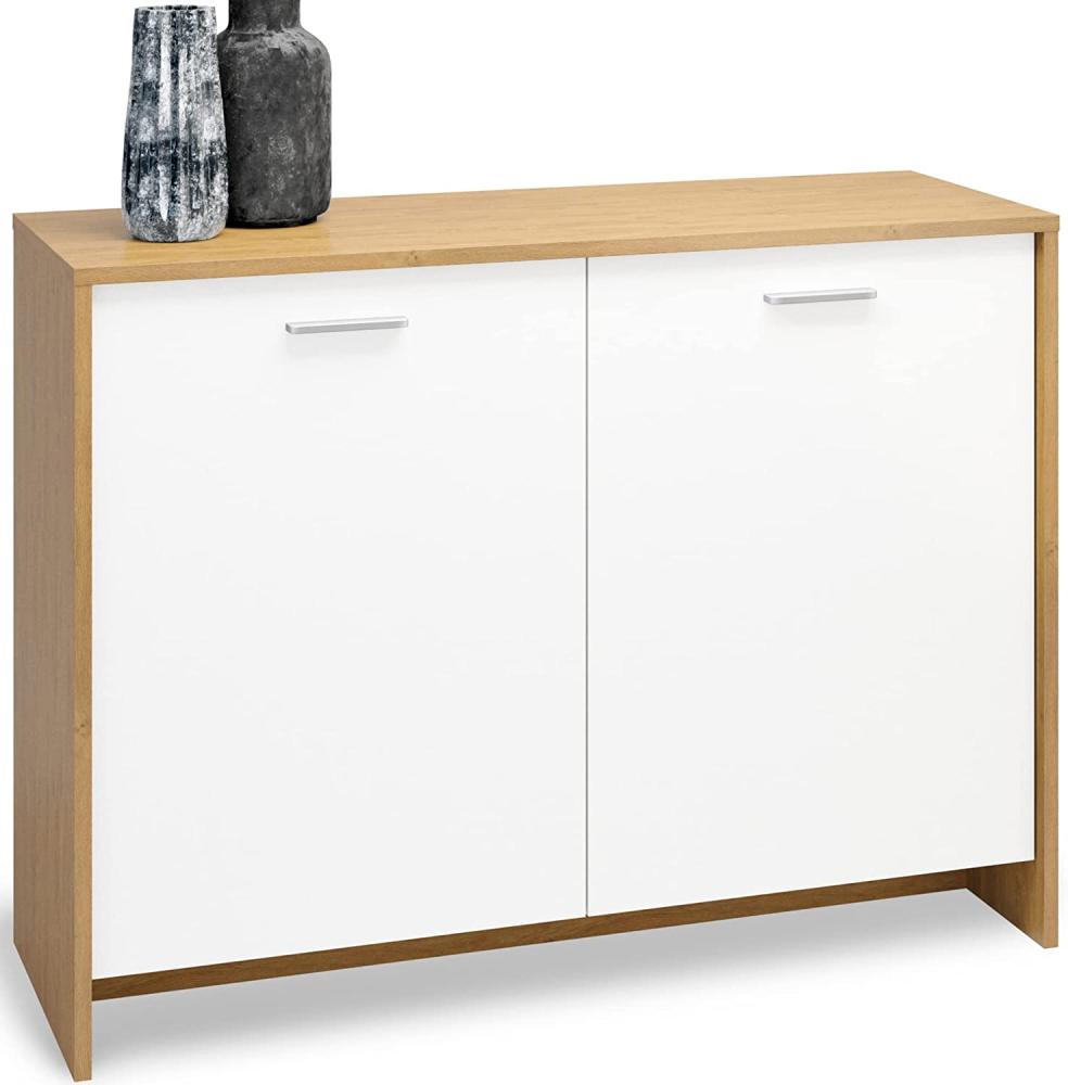 Domando Kommode Matera M2 skandinvisch moderner Schrank für Wohnzimmer, Schlafzimmer und Flur, Soft-Close Scharniere gebürstete Aluminiumgriffe 101 x 75 x 36 cm Eiche Classic und Weiß matt Bild 1