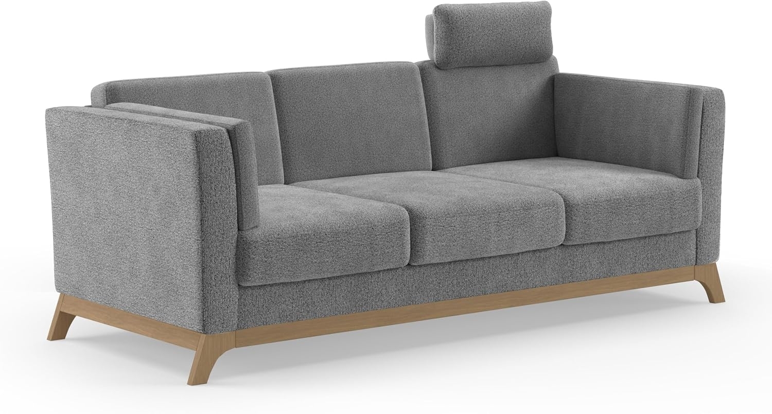 Cavadore 3er-Sofa Vida / 3-Sitzer Couch im trendigen Design mit massivem Holzrahmen in Buche, Kopfstütze mit Kuschelkissen / 213 x 84 x 93 / Chenille, Grau Bild 1