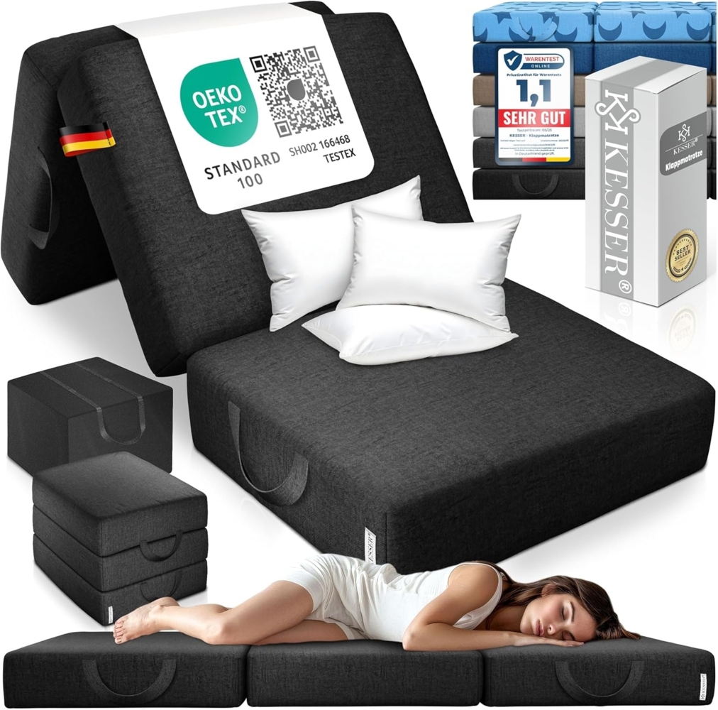 KESSER® Klappmatratze Gästematratze 3-fach Faltmatratze faltbar zum Sitzhocker | Schaumstoff 25kg/m³ extra dick 15cm atmungsaktiv waschbar abnehmbarer Bezug | Matratze inkl. Camping Tragetasche Schwarz, 75 x 195 x 15 cm Bild 1