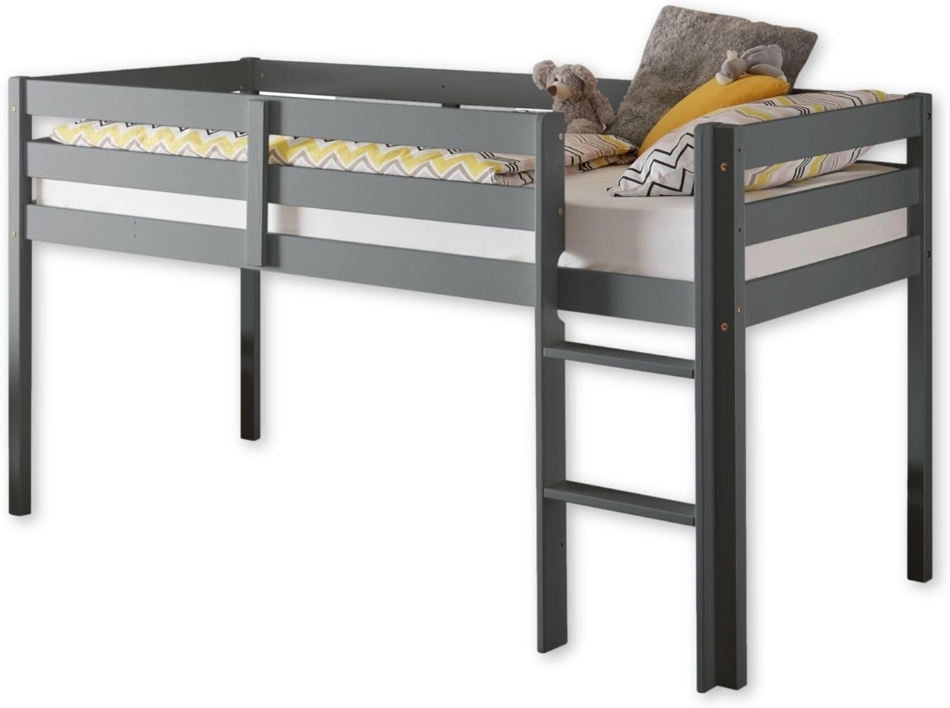 KENI Modernes Hochbett mit Leiter & 90x200 cm Liegefläche - Platzsparendes Kinder Etagenbett aus massiver Kiefer, Grau - 97 x 113 x 207 cm (B/H/T) Bild 1