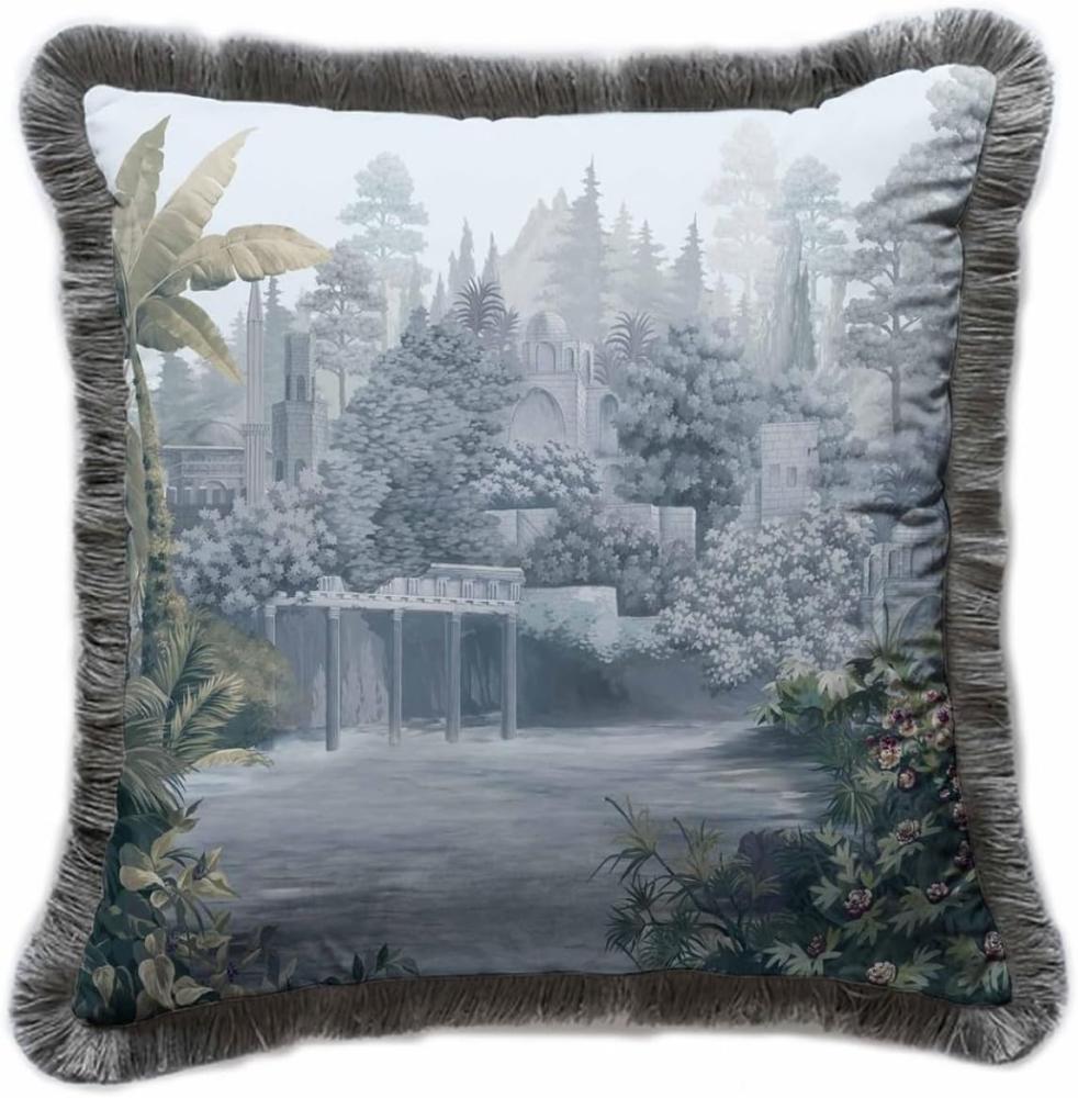 Casa Padrino Luxus Deko Kissen antike Landschaft Mehrfarbig / Grau 45 x 45 cm - Bedrucktes Samt Kissen mit Fransen - Luxus Deko Accessoires Bild 1