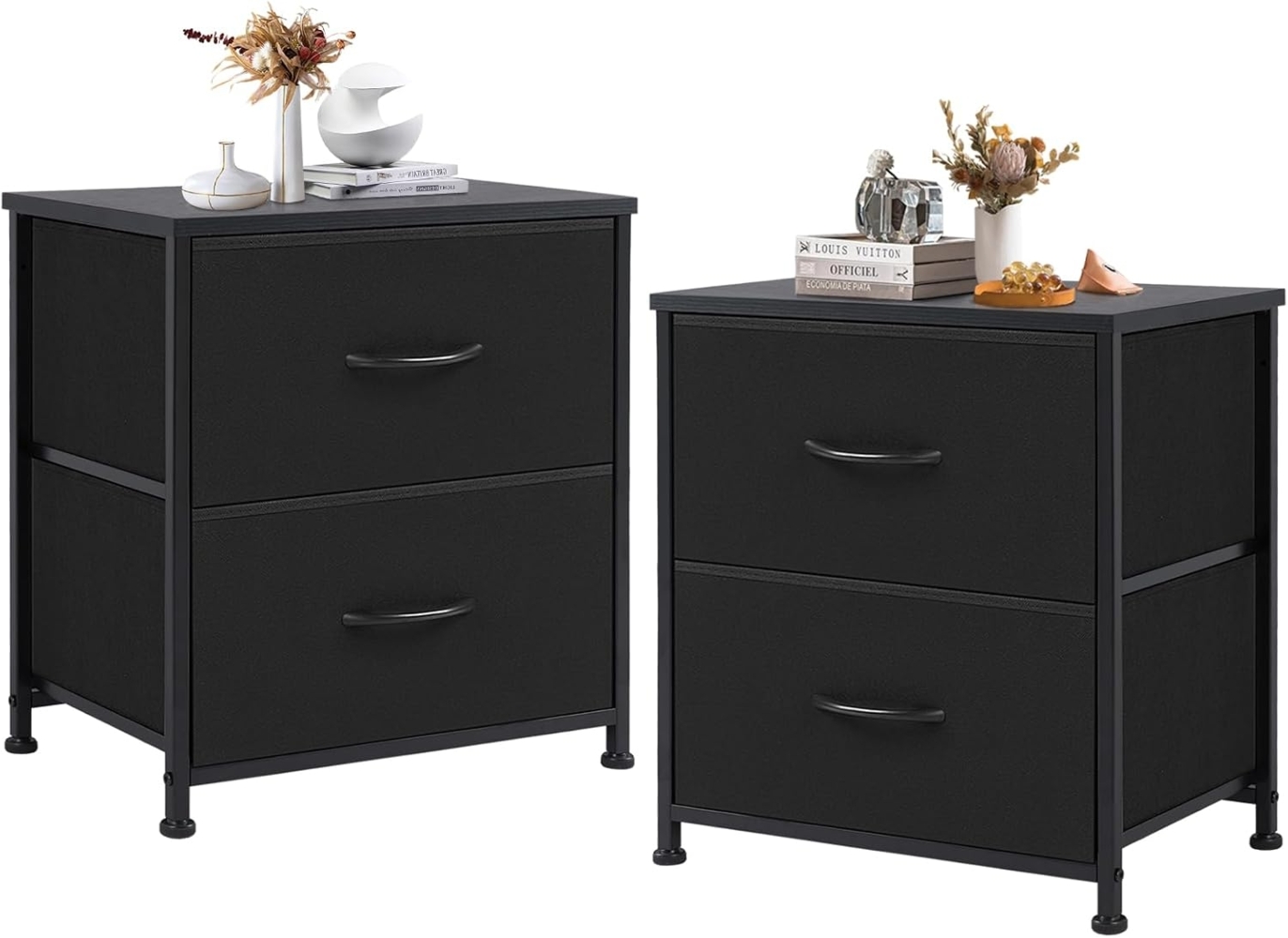 DUMOS Nachttisch 2er Set Beistelltisch Stoff Schubladenschrank Schmal Schrank Kommode Schlafzimmer Industrial Stil für Wohnzimme Kinderzimmer Flur Aufbewahrungsschrank Bild 1